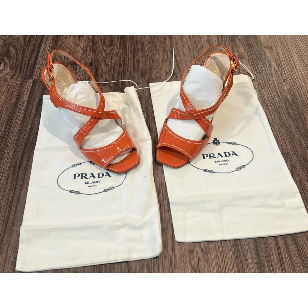 Prada Patent Leather Espadrille Wedge Sandals Size 37.5 Color Coral DETAILS